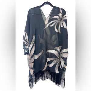 Black Sheer Kimono with Fringe and Leaf Pattern Swim Cover Up